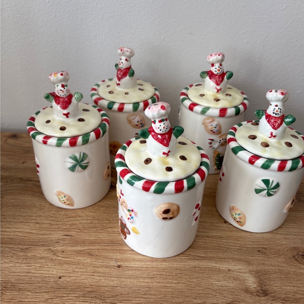 Vintage K's Collection Snowman Chef Cookie Jar Set‎ 5 Ceramic Christmas Holiday